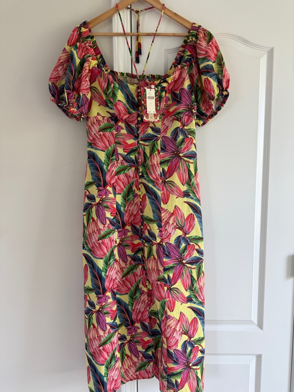 Farm Rio x Anthropologie Puff-Sleeve Sweetheart Linen Midi Dress L Large NWT NEW